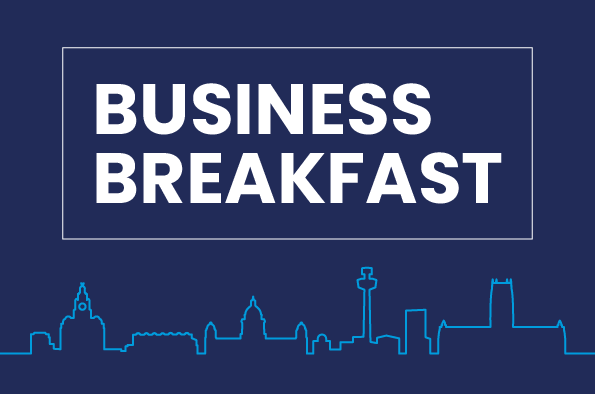 Business Breakfast logo on blue background