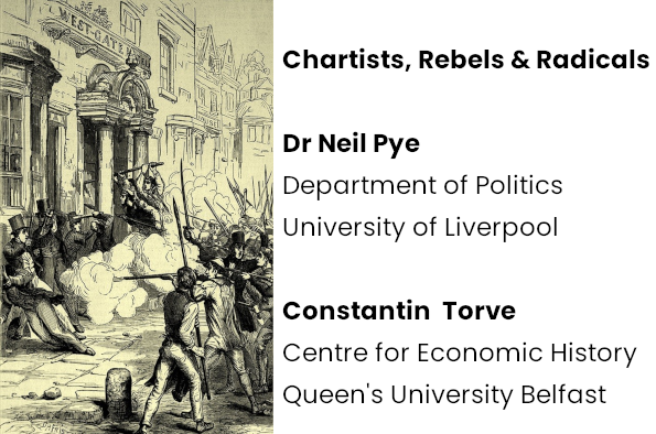 Contemporary sketch of the Newport Riot on the left and details of the talk on the right.